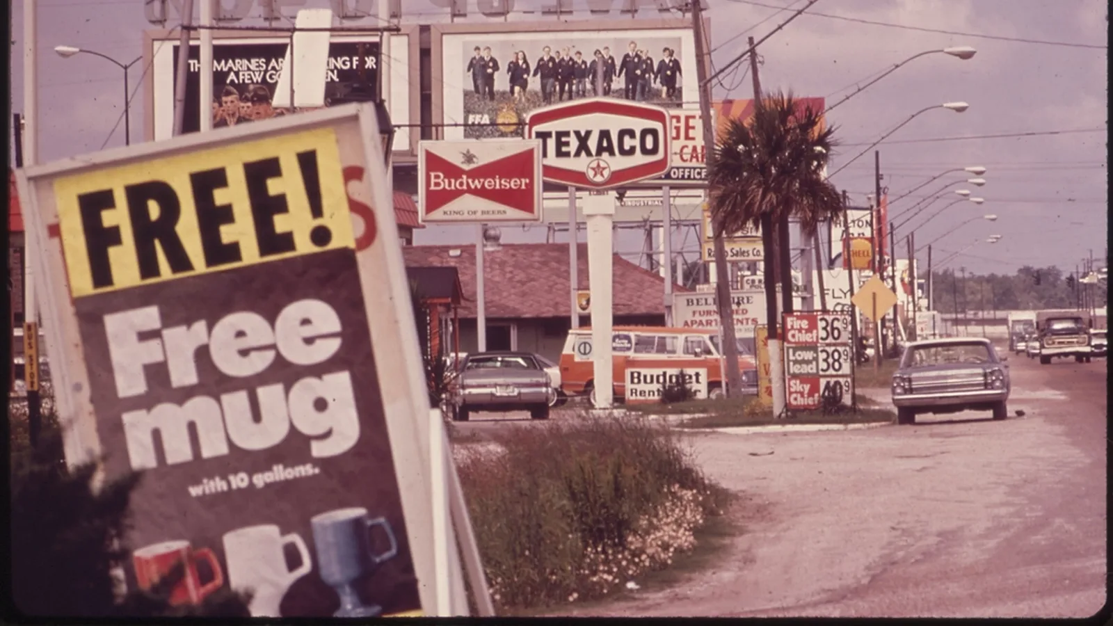 A cluster of roadside billboards advertising competing brands.