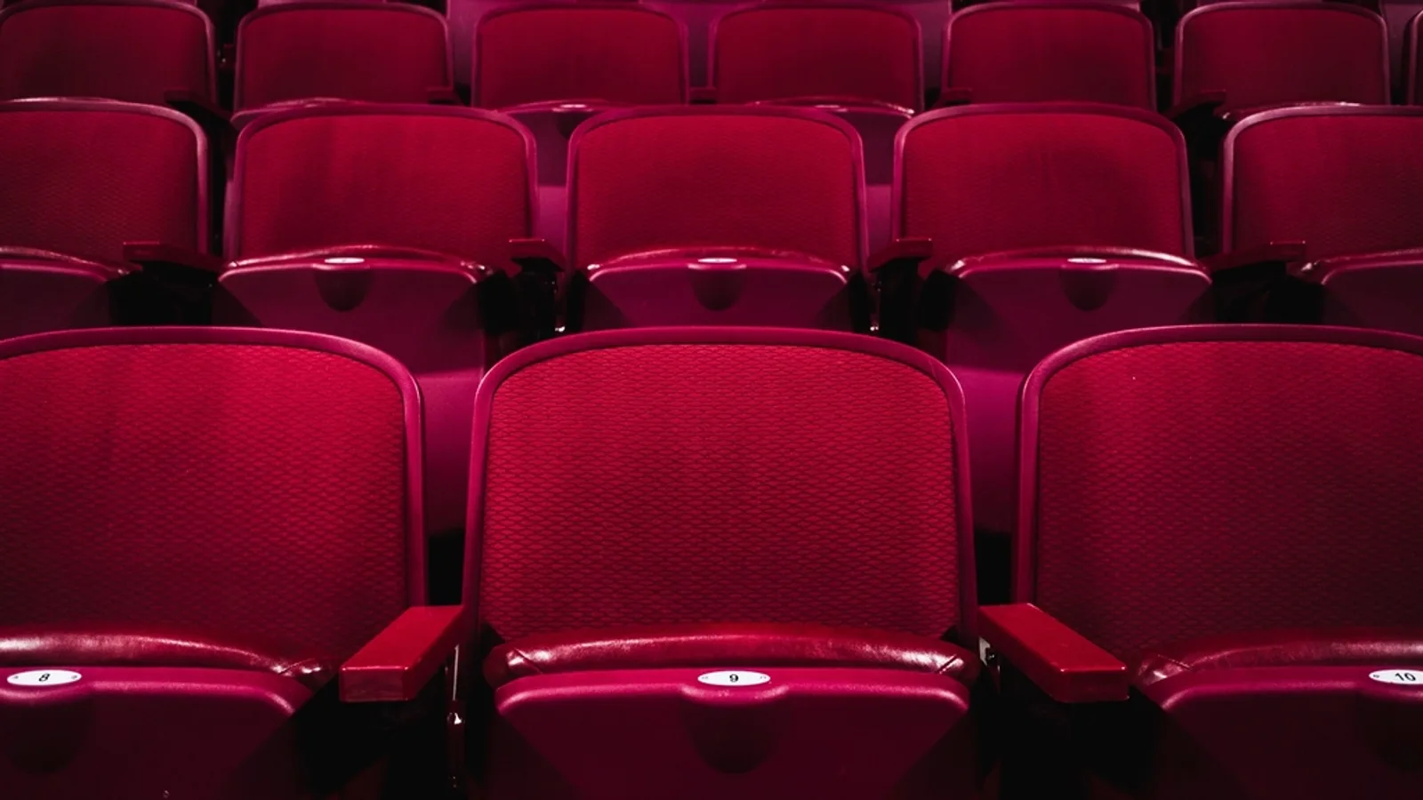 Rows of empty red cinema seats.