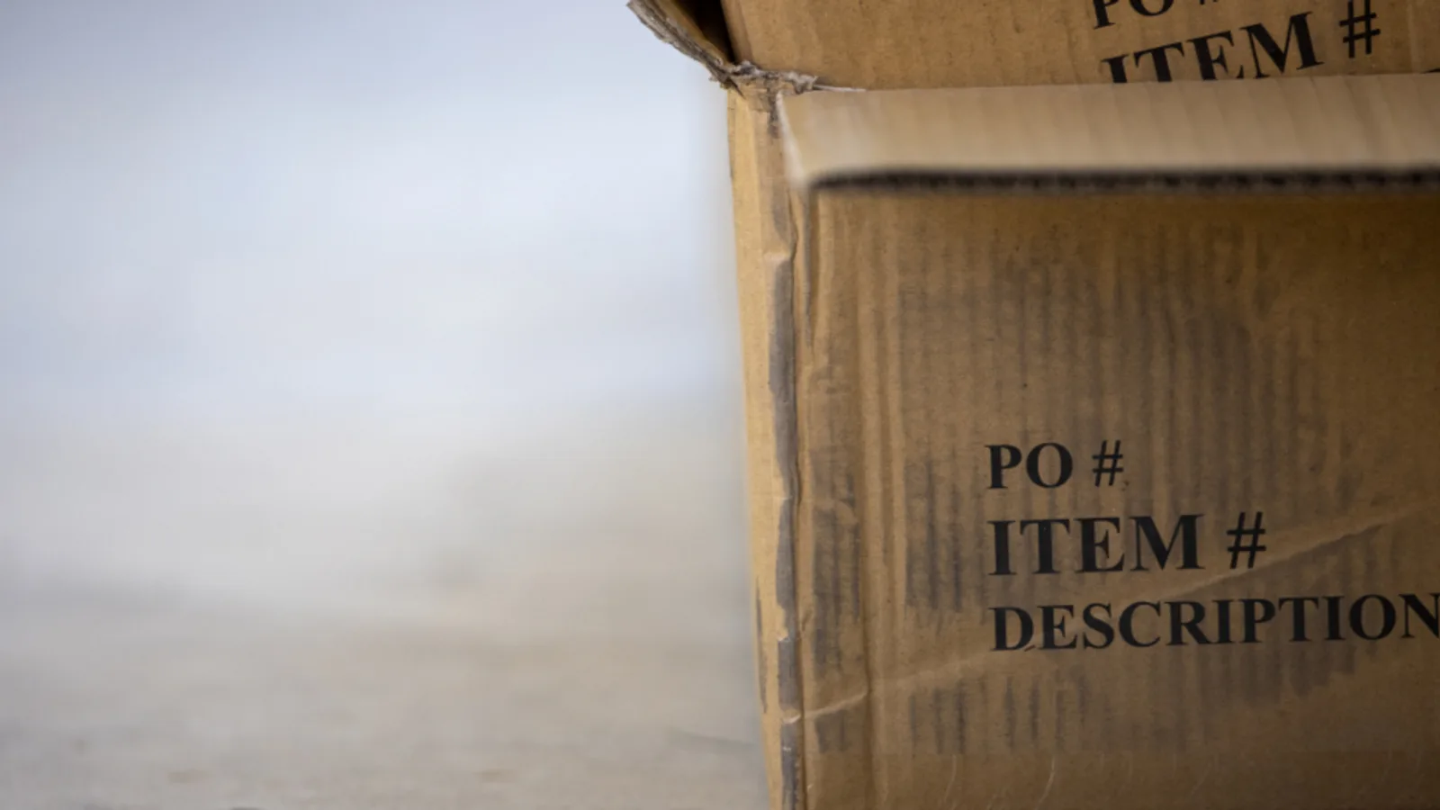 A cardboard shipping box labelled with purchase-order details.